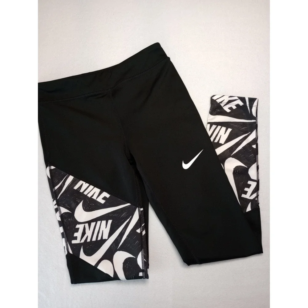 Nike Dri-Fit Leggings Girls XL Black White Swoosh Logo Graphic Activewear
